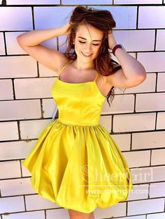 Puff Satin Skirt Simple Homecoming Dress Short Prom Dress ARD2836-SheerGirl Yellow Homecoming Dress, Yellow Homecoming Dresses, Simple Homecoming Dresses, Cocktail Dress Yellow, Homecoming Dress Short, Satin Homecoming Dress, Prom Dresses Yellow, White Evening Dress, Yellow Satin