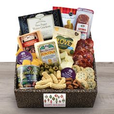 the gourmet gift box contains cheese, crackers, nuts and meats