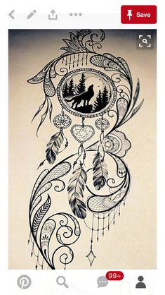 a drawing of a wolf and dream catcher with trees on it's back side