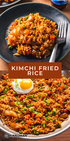 fried rice with vegetables and an egg on the side in a black plate that says kimchi fried rice