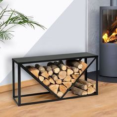 a fireplace with firewood stacked in front of it