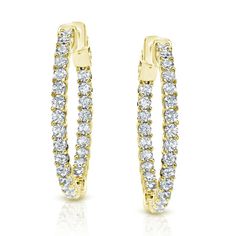 These 14k Gold Trellis-style Diamond Hoop Earrings feature 46 brilliant round-cut lab grown diamonds forming a hoop which is ideal for any occasion. These earrings are crafted in a high polished 14k Yellow Gold securely fasten with Safe Lock clasps. Make the perfect gift for any occasion, or simply as a gift for yourself. Safe Lock, Diamond Hoop Earrings, Round Diamond, Prong Setting, Lab Grown Diamonds, Diamond Bracelet, Round Diamonds, Natural Diamonds, Jewelry Collection