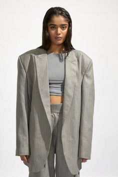 Grey full sleeves oversized lapel collar blazer crafted in suiting and jersey with all over pin striped pattern detailing. Paired with a matching trouser and a solid boat neck crop top. - Aza Fashions Trouser Pattern, Blazer Pattern, Blazer For Women, Collar Neck, Neck Crop Top, Oversized Blazer, Full Sleeves, Grey Women, Lapel Collar