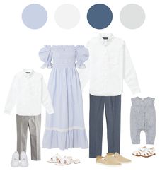 three children's clothing and shoes are shown with blue, white and grey colors