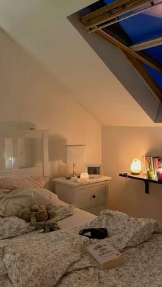 a bedroom with a skylight above the bed