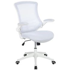 a white office chair with wheels and arms