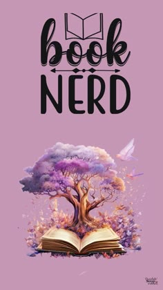 an open book with the words book nerd on it and a tree in the middle