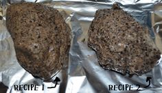 two pieces of food sitting on top of aluminum foil covered in brown stuff and labeled recipe 1, recipe 2