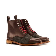 With its beautiful brogue pattern and classic silhouette, the Lace Up boot is an essential in every closet. Reminiscent of a soldier's boots, the Lace Up boot is equal parts rugged and refined. The Details: Materials: herringbone sartorial + dark brown box calf Lining: red calf leather Sole: red leather sole plain The Fine Print: Shoe production timeline can vary from 15-30 days from the date of order. All shoes are handmade, small tinny changes or imperfections are natural. Color differentiatio Ladies Brogues, Dark Brown Fabric, Dress Boots Women, Brogue Boots, Custom Made Shoes, Bespoke Fashion, Leather Brogues, Black Shoes Women, Brown Fabric