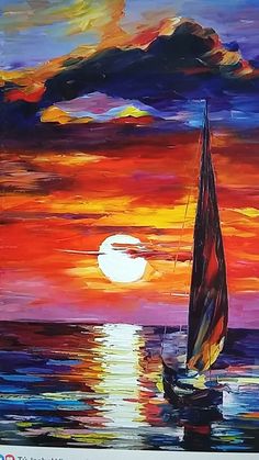 a painting of a sailboat in the ocean at sunset