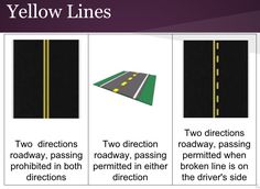 three different types of yellow lines on the same road and two directions to each other