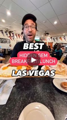 a man sitting at a table with pizza in front of him and the words best hidden gems breakfast lunch las vegas