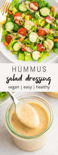 hummus salad dressing in a white bowl with a spoon and fork next to it