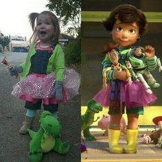 there are two pictures of children dressed in costumes and one has stuffed animals on her shoulders