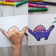 someone is drawing a dinosaur with crayons on the paper and colored pencils