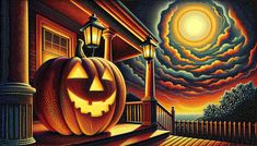 a painting of a jack - o'- lantern pumpkin on a porch at night