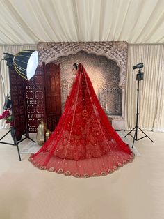 a woman in a red wedding dress is posing for the camera with her veil draped over her head