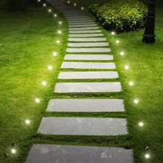 some lights that are on the grass near a path