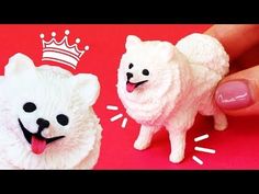 two small white dogs with crowns on their heads, one is being held by a hand