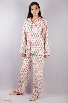 100% pure cotton hand block printed night suit, perfect for summer while sipping tea on your terrace! Full sleeve shirt with buttons and loose fit trousers. Completely handmade in Jaipur from 100% pure cotton fabric. Comes in S/M/L sizes, but without any complications can be adjusted to individual measurements. SHIVALAYA JAIPUR Pajamas for Women * Ultra-soft * 100% cotton * Handmade * Block print available sizes and measurements: XS (EU: 34 - 36, US: 6 - 8) Pyjama Top: chest girth = 36 inches / White Printed Cotton Sleepwear, Cotton Sleepwear With Block Print For Loungewear, Cotton Block Print Sleepwear For Loungewear, Cotton Sleepwear With Block Print And Relaxed Fit, Cotton Block Print Sets For Pajama Party, Relaxed Fit Block Print Sleepwear For Loungewear, White Cotton Sleepwear Set, Block Print Long Sleeve Sleepwear For Loungewear, Printed Long Gowns