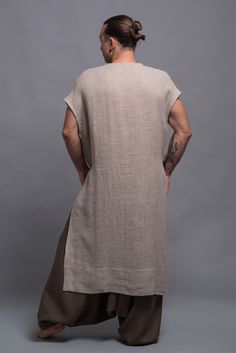 Long Sleeves Linen Tunic | Summer Linen Tunics and Tops |Shantima Chinese Fashion Men, Solarpunk Fashion, Striped Harem Pants, Arte Yoga, Linen Slip Dress