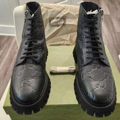 Black Gucci High Top Boot Brand New Size 44 Luxury Lace-up Boots For Streetwear, Designer Black Boots For Streetwear, Luxury Black Streetwear Boots, Gucci Calf Leather Boots, Gucci Luxury Boots, Luxury Streetwear Boots With Round Toe, Gucci Black Ankle Boots, Designer Gucci Boots With Branded Insole, Gucci Black Round Toe Boots