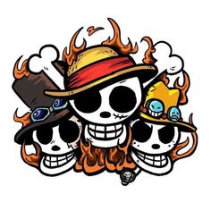 three skulls wearing hats with flames behind them