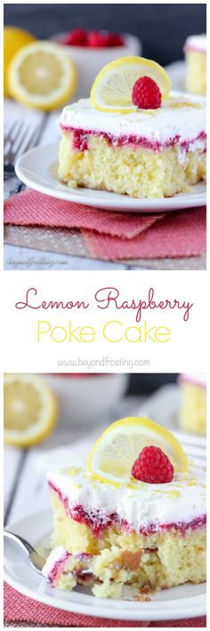 lemon raspberry poke cake on a plate