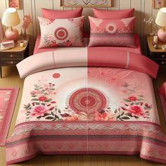 a bed with pink comforters and pillows in a room