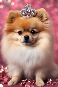 a small dog with a tiara on it's head sitting in front of pink sequins