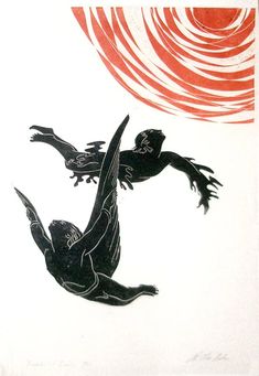 a drawing of two people in the air with their arms outstretched and legs spread out