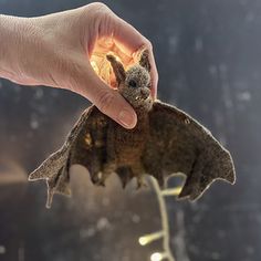 a hand is holding a toy bat in front of a blurry background with lights