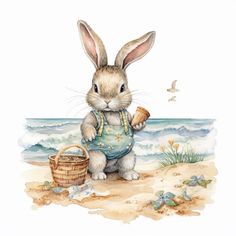 a watercolor painting of a bunny on the beach with a basket and shellfish