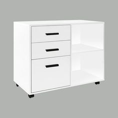 a white filing cabinet with three drawers on casteors and two black handles, against a gray background