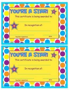 two certificates with colorful polka dots and stars on them, one has the words you're a star