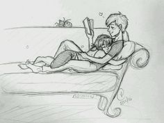 a drawing of two people laying on a bed with one holding the other's head