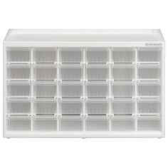 an organized plastic drawer with clear drawers on the top and bottom, for storing items