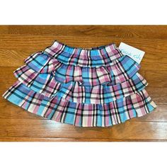 Size 3/4 Plaid Ruffle Skirt Playful Blue Cotton Skirt, Cute Blue Cotton Skirt, Summer School Purple Skirt, Purple Summer Skirt For School, Purple Summer School Skirt, Purple Cotton Bottoms For Playtime, Purple Cotton Bottoms For School, Multicolor Summer Skirt For School, Multicolor Skirt For School In Spring