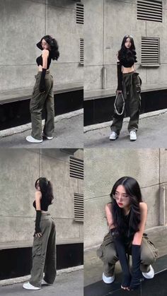 four different pictures of a woman holding a tennis racquet in her hand and wearing green pants