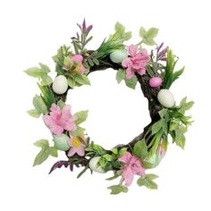 a wreath with pink flowers and green leaves