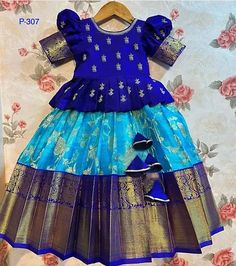 Princess Elegant Kids Girls Lehanga Cholis Baby Pattu Pavadai Designs, Gold Blouse Designs, Girls Ethnic Wear, Design Lehenga, Pattu Pavadai Designs, Girls Lehenga, Frock Pattern, Blue Blouse Designs, Pattu Pavadai