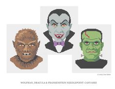 three cross stitch heads of dracula, dracula and frankenstein