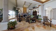 a living room filled with lots of furniture and plants on top of the stone floor