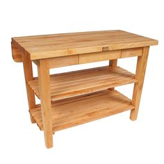 a wooden table with two shelves on it