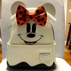 Disney Halloween Glow In The Dark Minnie Loungefly Backpack White Mickey Mouse Backpack For Disney Trips, Disney Halloween Backpack For Disney Trips, White Mickey Mouse Bag For Disney Fan Events, White Halloween Backpack For Travel, White Halloween-themed Travel Backpack, Minnie Mouse Character, Halloween Universal, Sanrio Backpack, Star Wars Backpack