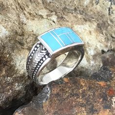 David Rosales Arizona Blue Inlaid Sterling Silver Ring Contemporary Southwest, Arrow Jewelry, Black Arrow, Southwest Jewelry, Kingman Turquoise, Jewelry Designer, American Made, Sterling Silver Ring, Jewelry Art