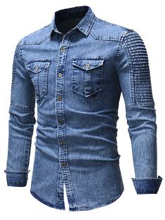 Buy Front Pocket Turn Down Collar Denim Shirt - Denim Blue - 4I37711412 online, fidn many other Men's Shirts Kemeja Denim, Long Sleeve Denim Shirt, Denim Shirt Men, Denim T Shirt, Elegante Casual, Men Shirt Style, Casual Style Outfits, Shirt Sale, Mens Fashion Casual