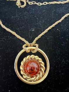 Vintage grosse signed agate and gold plate necklace Formal Amber Necklace With Large Pendant, Amber Necklace With Large Pendant For Formal Occasions, Amber Large Pendant Necklace For Formal Occasions, Gold Necklaces With Cabochon For Collectors, Gold Cabochon Pendant Necklace, Gold Pendant Necklace With Cabochon, Gold-tone Necklace With Large Pendant For Formal Occasions, Gold-tone Necklace With Large Pendant For Formal Events, Formal Gold-tone Necklace With Large Pendant