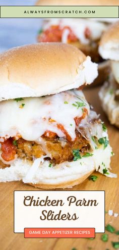 chicken parm sliders on a cutting board with text overlay that reads, chicken parm slides