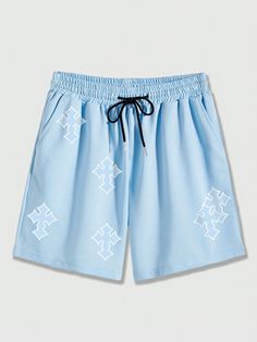 Baby Blue Casual Collar  Fabric Letter Track Shorts Embellished Slight Stretch  Men Clothing Blue Drawstring Shorts For Streetwear, Embroidery Shorts, Goth Guys, Cross Embroidery, Simple Cross, Fabric Letters, Track Shorts, Simple Prints, Kids Beachwear